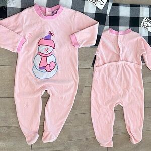 Vintage 90s Pink Velour Christmas Footie Pajamas Snowman 24 M Baby Toddler Girl